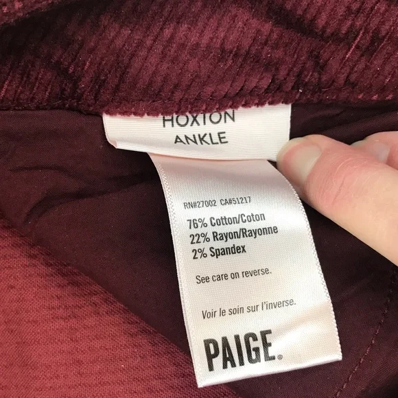 Paige Hoxton Ankle Skinny Burgundy Cords Size 30
